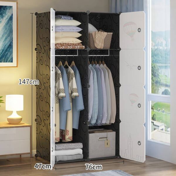 kanfedens Modern Modular Black & White Plastic Wardrobe – 2 Door with Storage Shelves & Hanging Space
